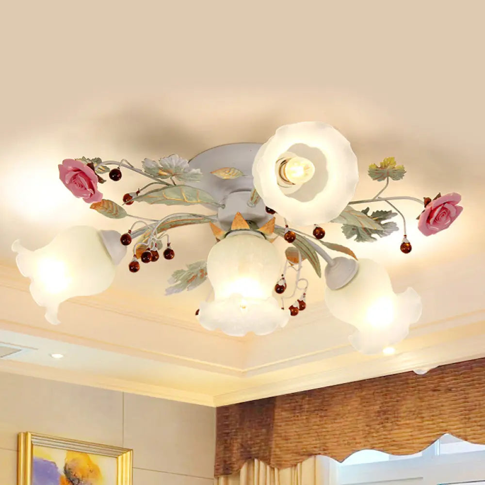 Korean Garden Bloom Semi Flush Mount Light Fixture - White Glass Ideal For Dining Room 4/6/9 Bulbs