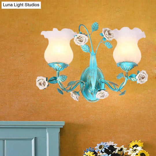 Korean Garden Blue Blossom Wall Sconce Light Fixture With White Glass - Elegant 1/2-Light Bedroom