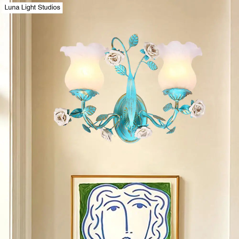 Korean Garden Blue Blossom Wall Sconce Light Fixture With White Glass - Elegant 1/2-Light Bedroom