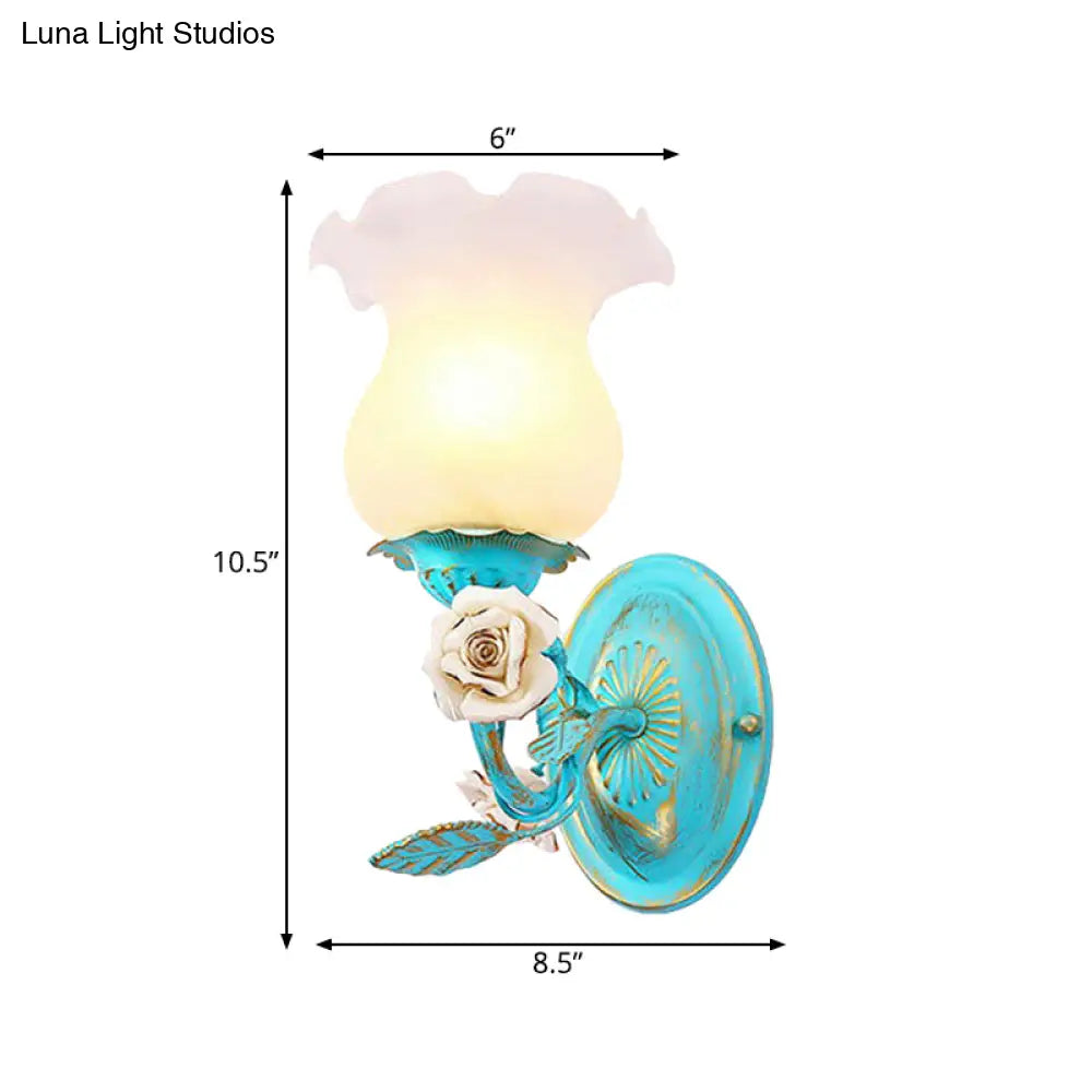 Korean Garden Blue Blossom Wall Sconce Light Fixture With White Glass - Elegant 1/2-Light Bedroom