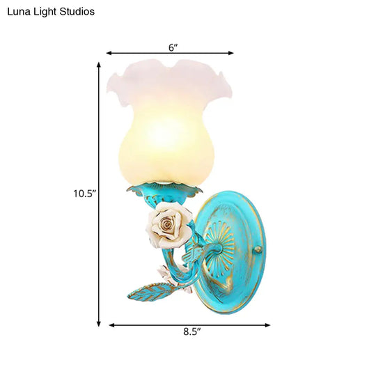 Korean Garden Blue Blossom Wall Sconce Light Fixture With White Glass - Elegant 1/2-Light Bedroom