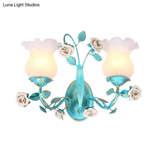 Korean Garden Blue Blossom Wall Sconce Light Fixture With White Glass - Elegant 1/2-Light Bedroom