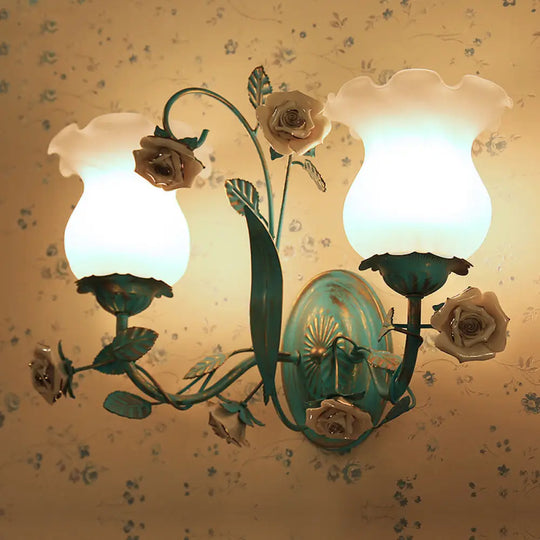 Korean Garden Blue Blossom Wall Sconce Light Fixture With White Glass - Elegant 1/2-Light Bedroom