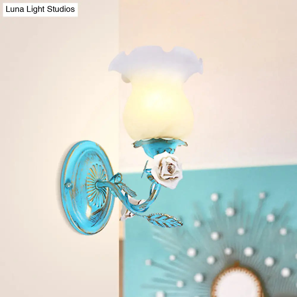 Korean Garden Blue Blossom Wall Sconce Light Fixture With White Glass - Elegant 1/2-Light Bedroom