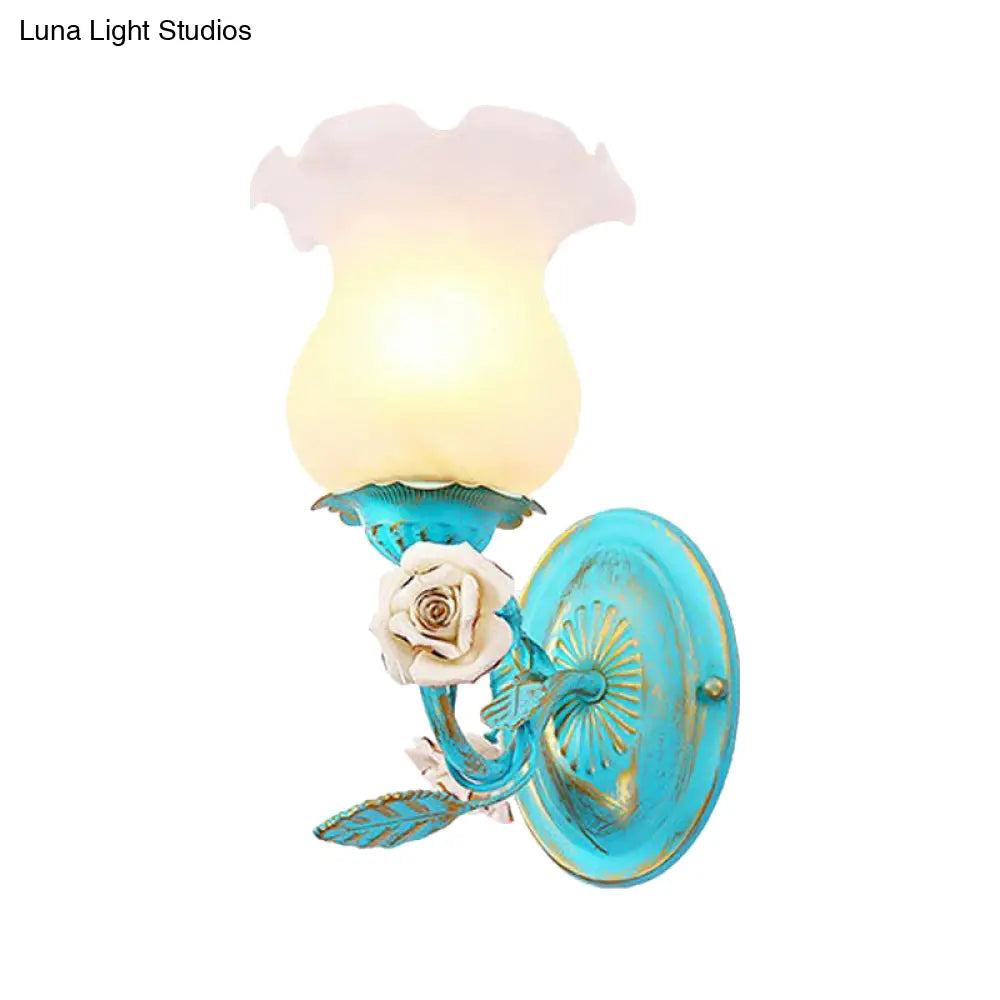 Korean Garden Blue Blossom Wall Sconce Light Fixture With White Glass - Elegant 1/2-Light Bedroom