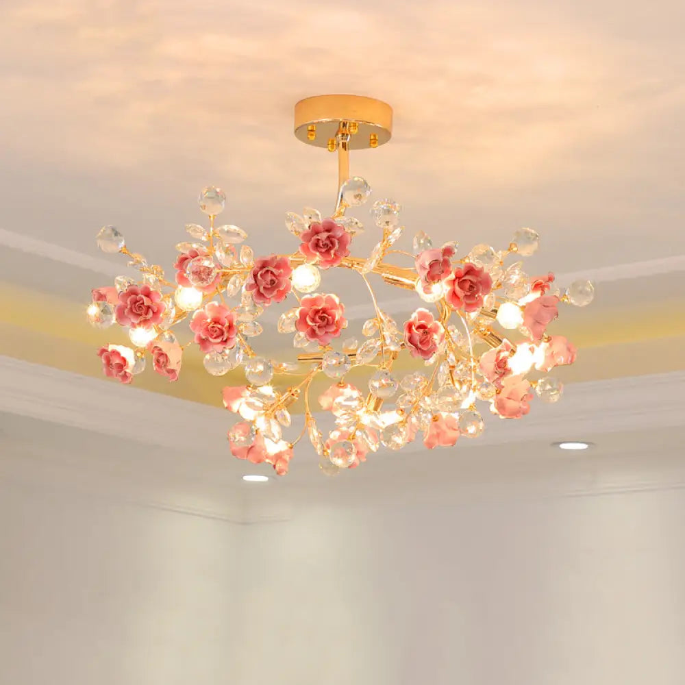 Korean Garden Ceramic Rose Ceiling Light With Crystal Accents 6 / Pink