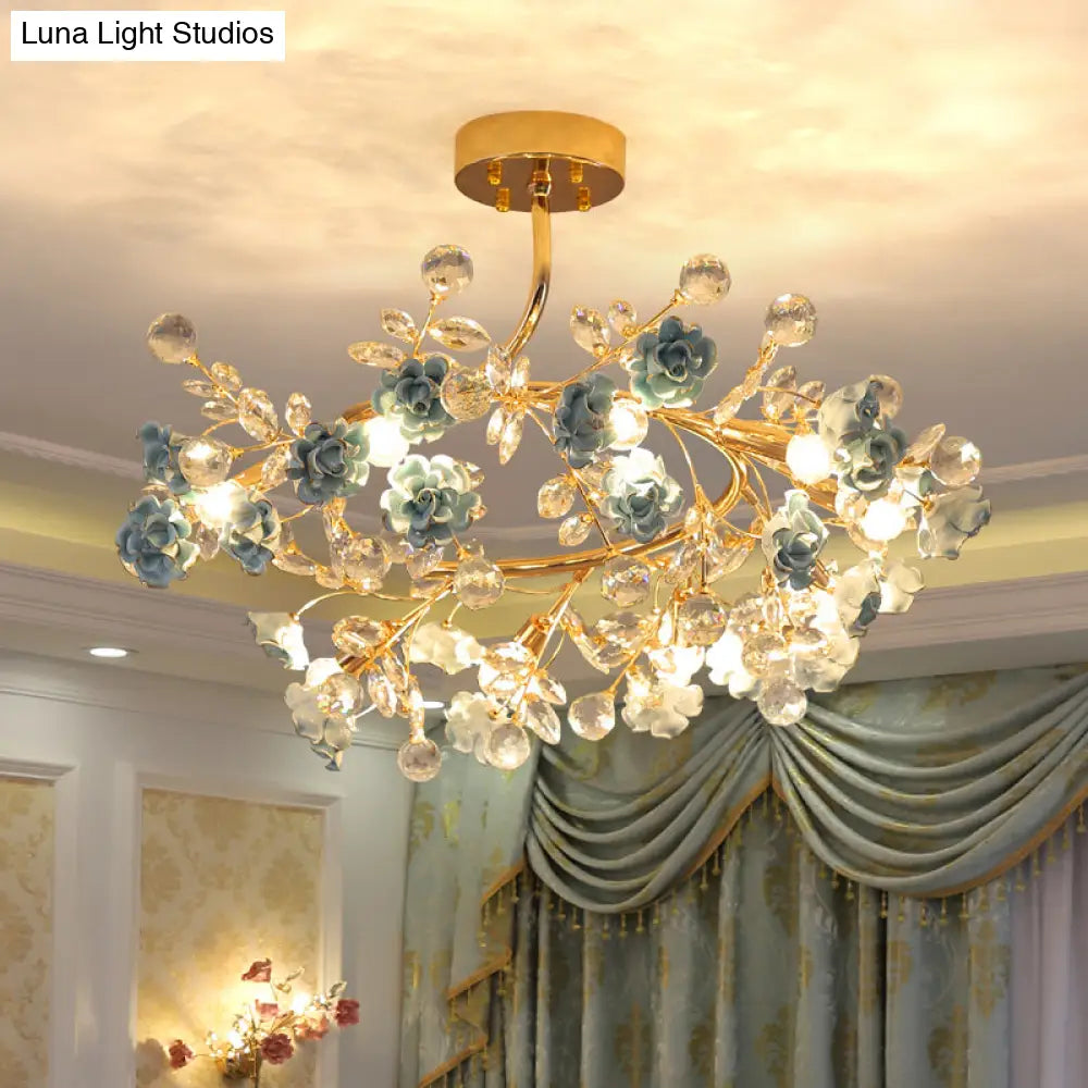 Korean Garden Ceramic Rose Ceiling Light With Crystal Accents