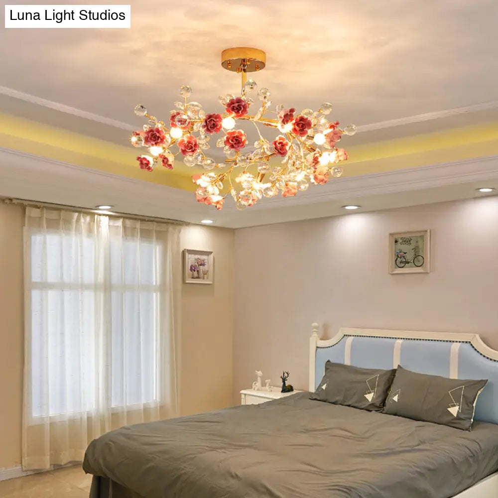 Korean Garden Ceramic Rose Ceiling Light With Crystal Accents