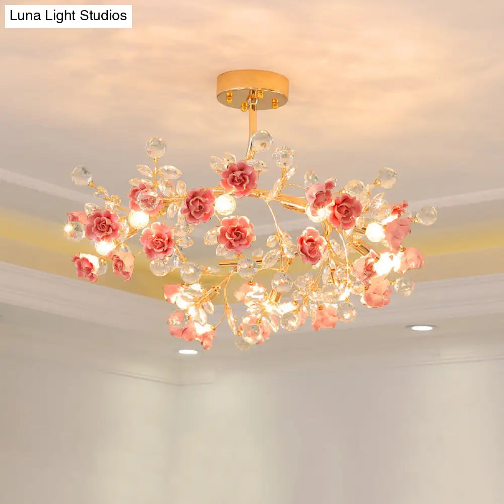 Korean Garden Ceramic Rose Ceiling Light With Crystal Accents 6 / Pink