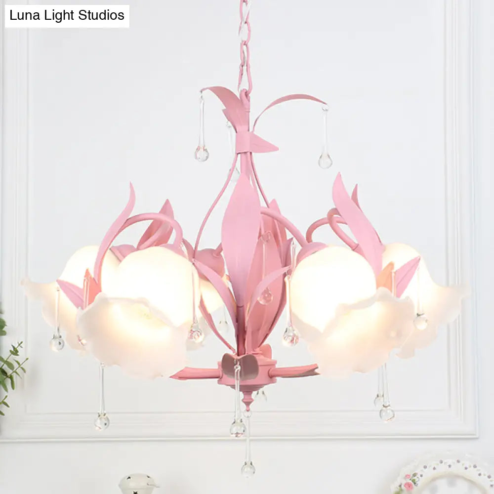 Korean Garden Floral Ceiling Chandelier With Frosted Glass And Droplet Decor For Living Room