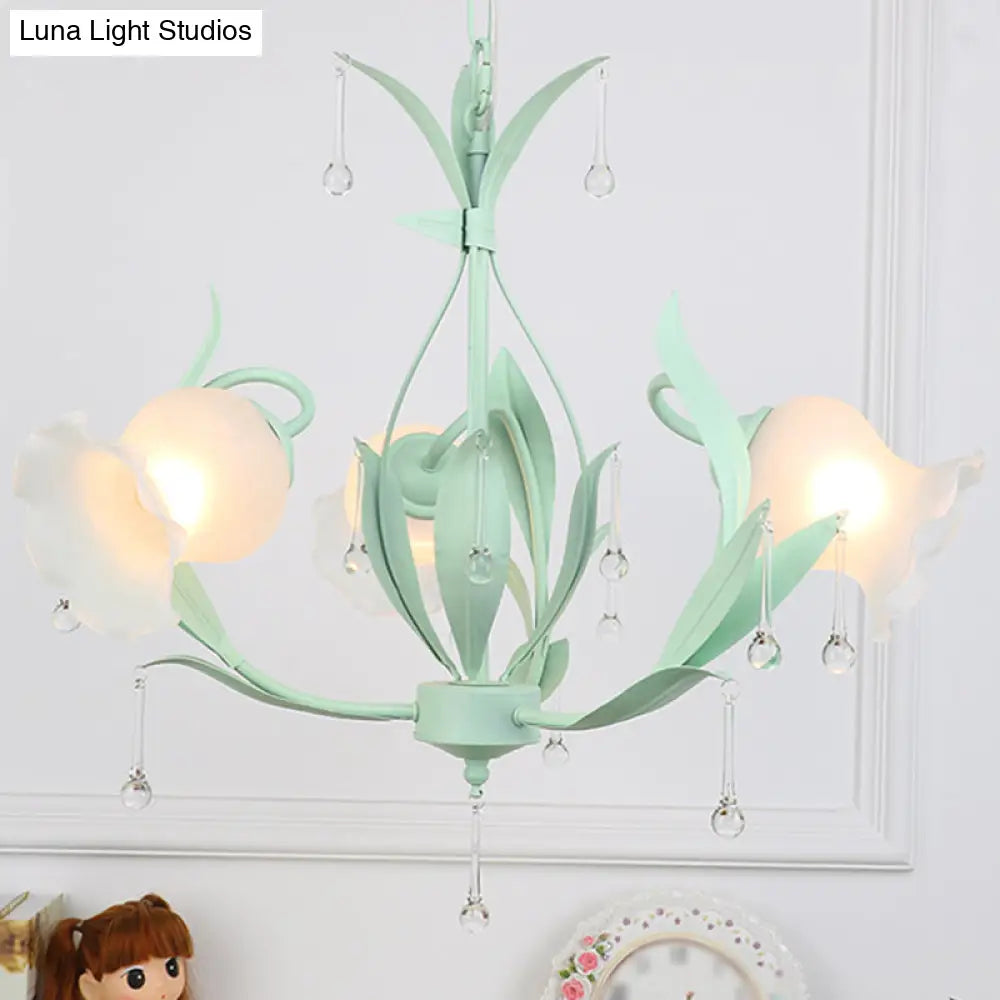 Korean Garden Floral Ceiling Chandelier With Frosted Glass And Droplet Decor For Living Room