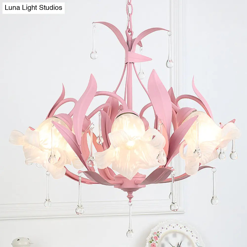 Korean Garden Floral Ceiling Chandelier With Frosted Glass And Droplet Decor For Living Room