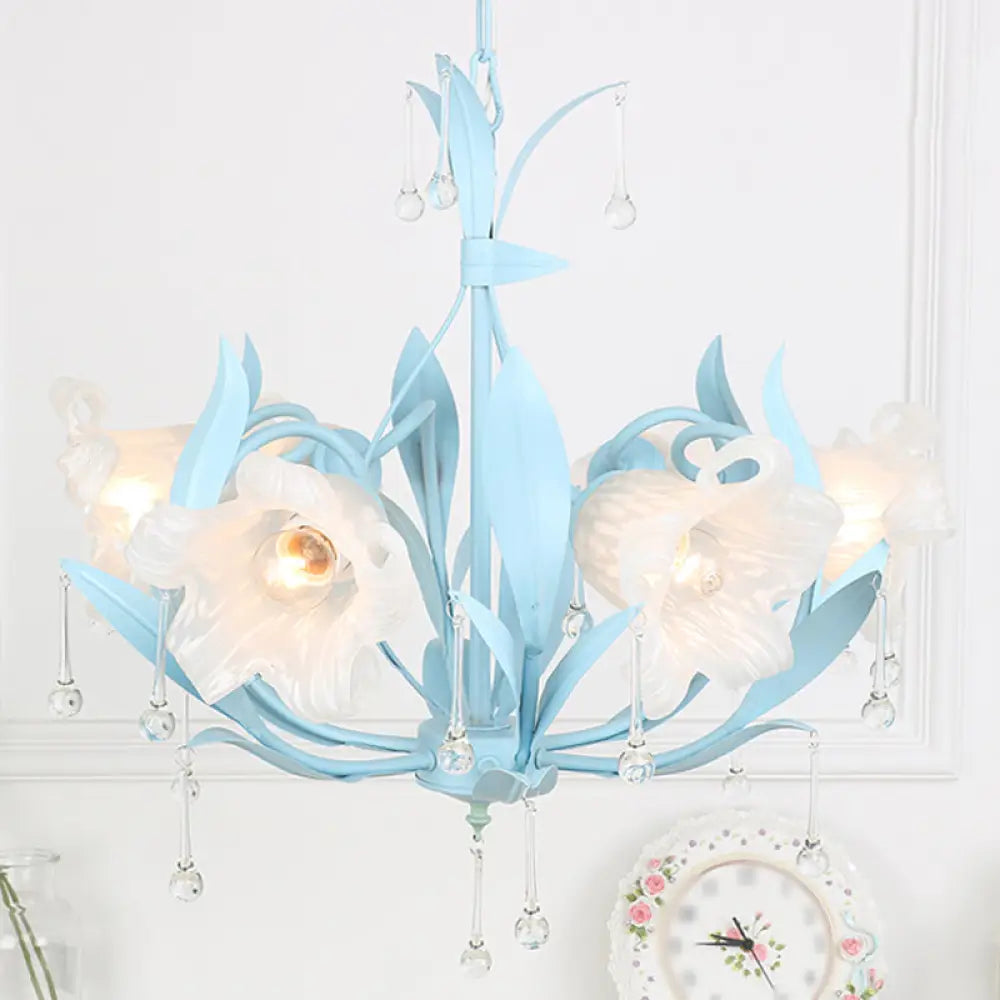 Korean Garden Floral Ceiling Chandelier With Frosted Glass And Droplet Decor For Living Room