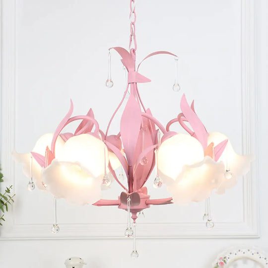 Korean Garden Floral Ceiling Chandelier With Frosted Glass And Droplet Decor For Living Room