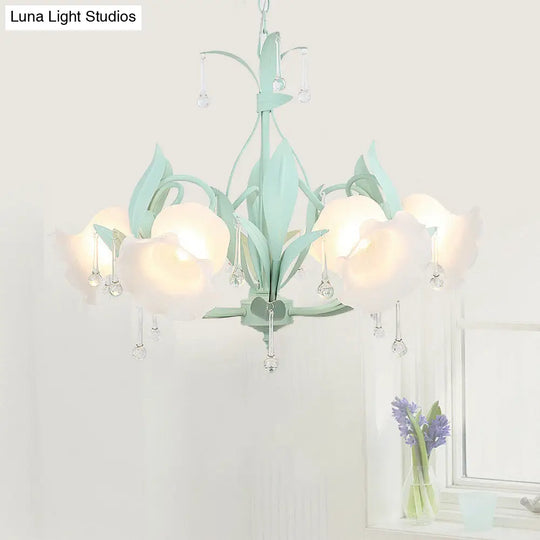 Korean Garden Floral Ceiling Chandelier With Frosted Glass And Droplet Decor For Living Room