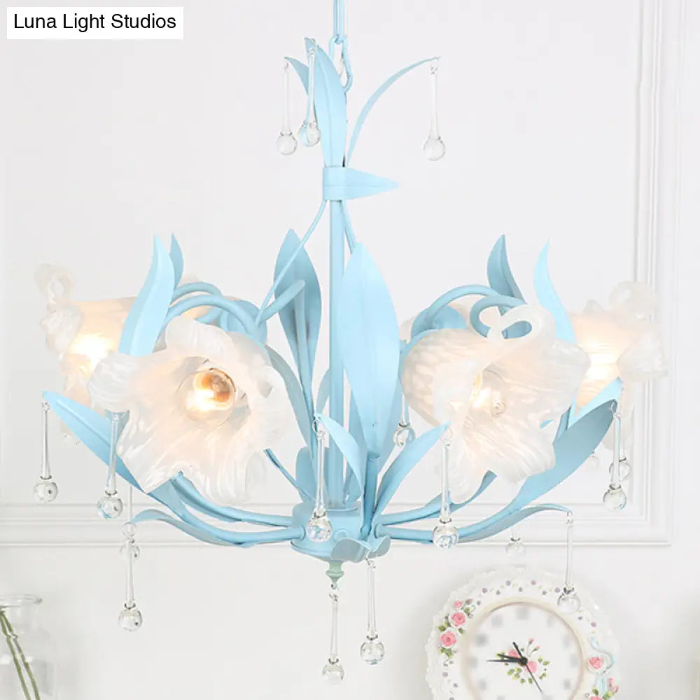 Korean Garden Floral Ceiling Chandelier With Frosted Glass And Droplet Decor For Living Room