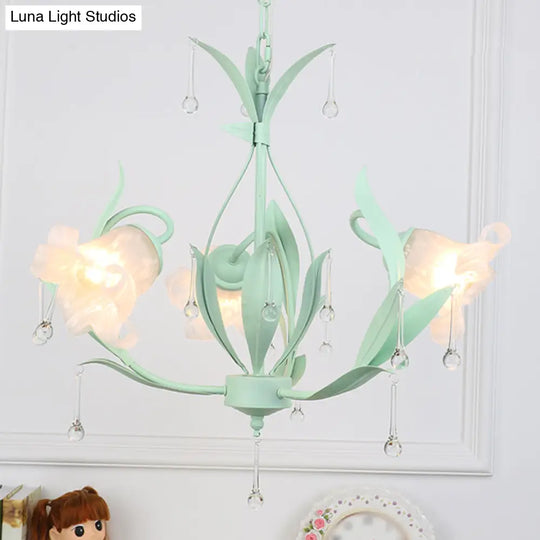 Korean Garden Floral Ceiling Chandelier With Frosted Glass And Droplet Decor For Living Room