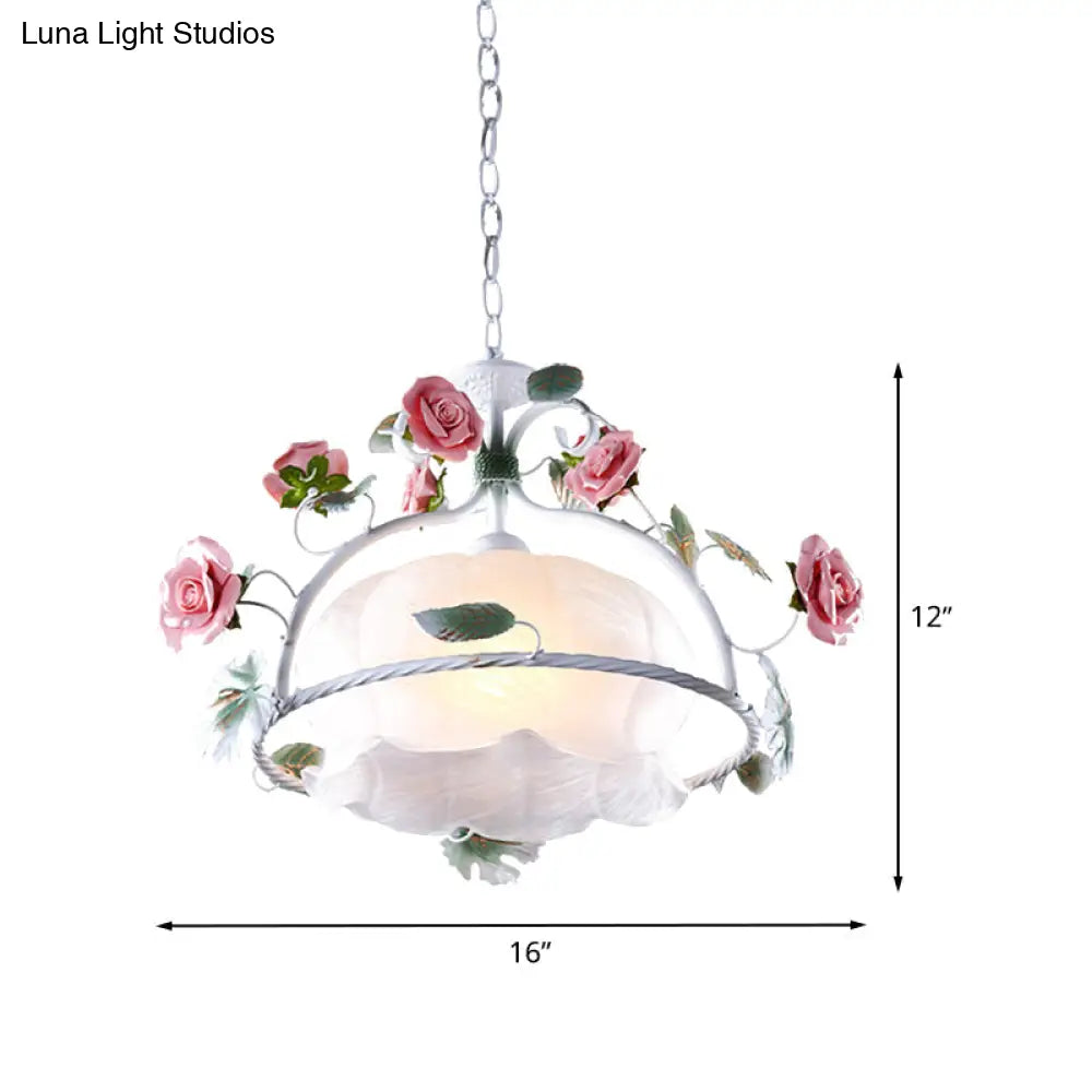 Korean Garden Floral Pendant - White Glass Down Light For Dining Room