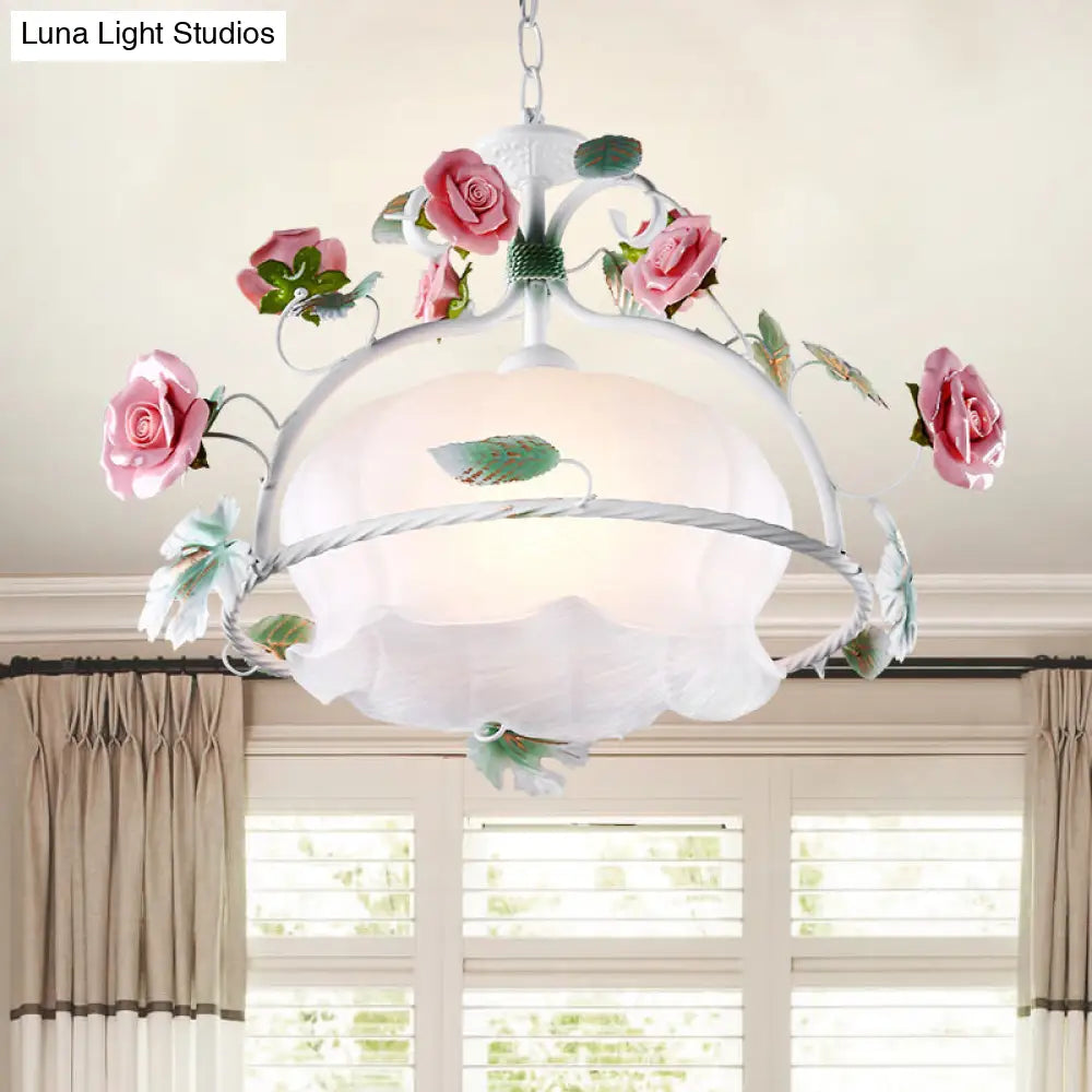 Korean Garden Floral Pendant - White Glass Down Light For Dining Room