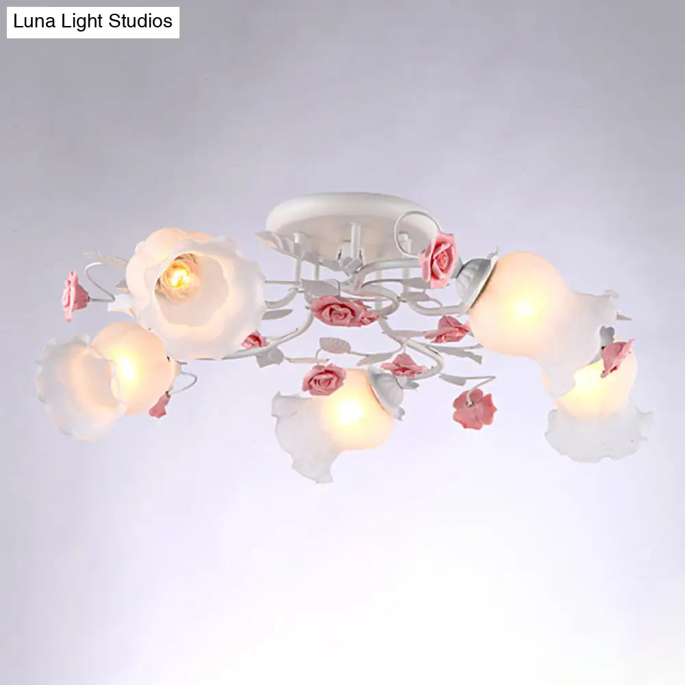Korean Garden Floral Semi Flush Mount Ceiling Light - 5 Bulbs Frosted White Glass For Bedroom