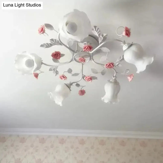 Korean Garden Floral Semi Flush Mount Ceiling Light - 5 Bulbs Frosted White Glass For Bedroom