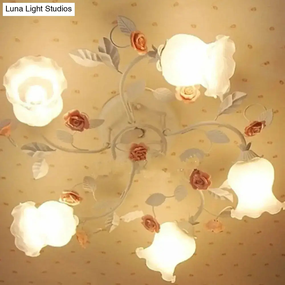 Korean Garden Floral Semi Flush Mount Ceiling Light - 5 Bulbs Frosted White Glass For Bedroom