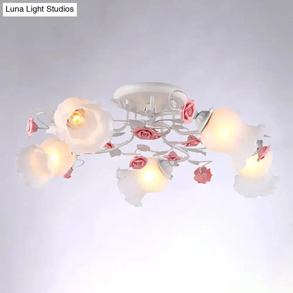 Korean Garden Floral Semi Flush Mount Ceiling Light - 5 Bulbs Frosted White Glass For Bedroom