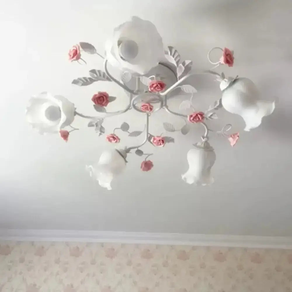 Korean Garden Floral Semi Flush Mount Ceiling Light - 5 Bulbs Frosted White Glass For Bedroom