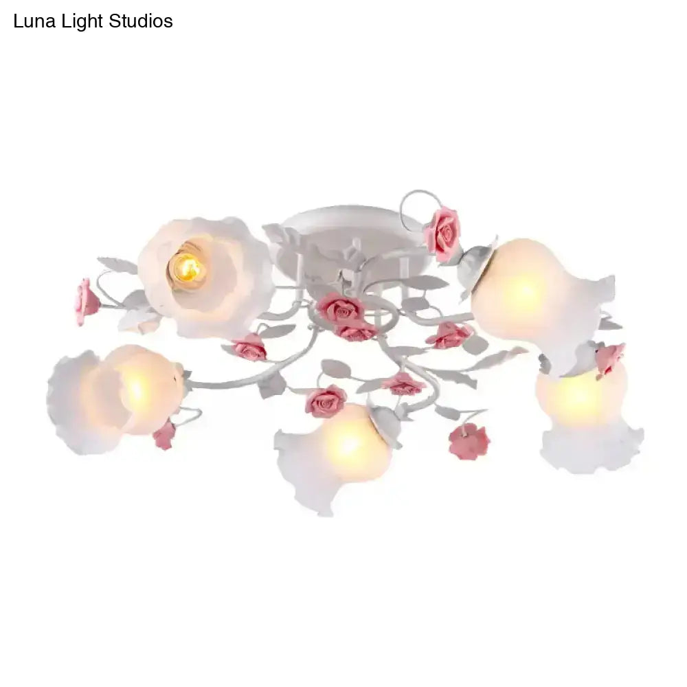 Korean Garden Floral Semi Flush Mount Ceiling Light - 5 Bulbs Frosted White Glass For Bedroom