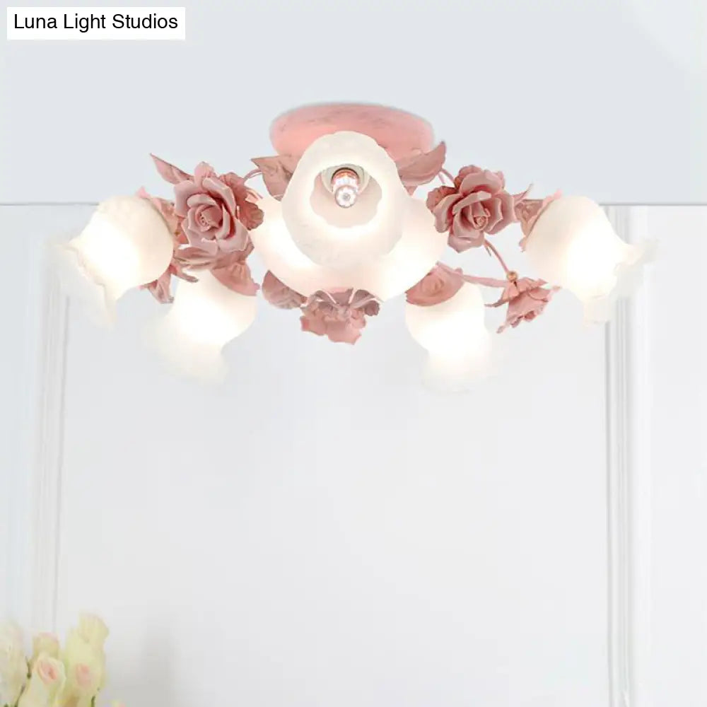 Korean Garden Floral Semi Flush Mount Light Fixture - Cream Glass 5/7/11 Lights Pink/Blue Bedroom