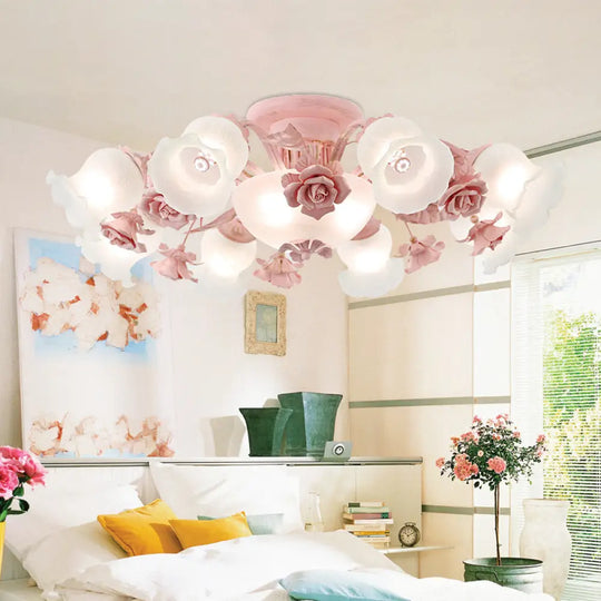 Korean Garden Floral Semi Flush Mount Light Fixture - Cream Glass 5/7/11 Lights Pink/Blue Bedroom