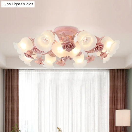 Korean Garden Floral Semi Flush Mount Light Fixture - Cream Glass 5/7/11 Lights Pink/Blue Bedroom