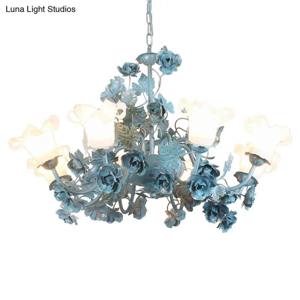 Korean Garden Flower Chandelier Ceiling Light With Milky Frosted Glass - 3/5/8-Bulb Blue Hanging