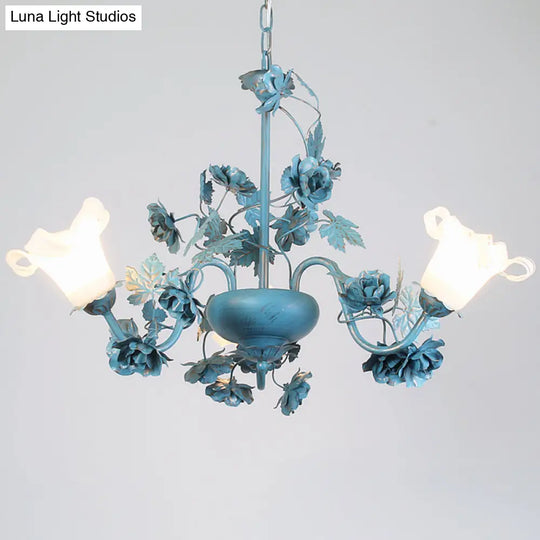 Korean Garden Flower Chandelier Ceiling Light With Milky Frosted Glass - 3/5/8-Bulb Blue Hanging