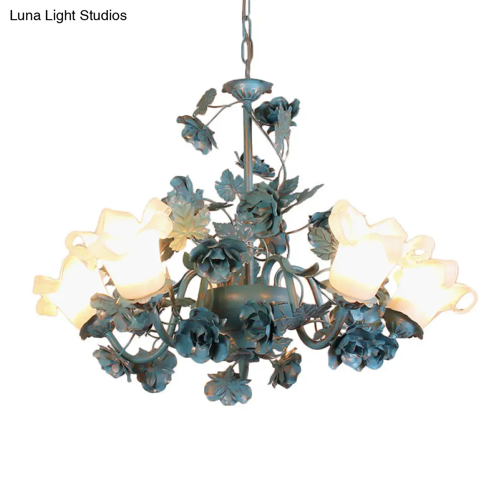 Korean Garden Flower Chandelier Ceiling Light With Milky Frosted Glass - 3/5/8-Bulb Blue Hanging