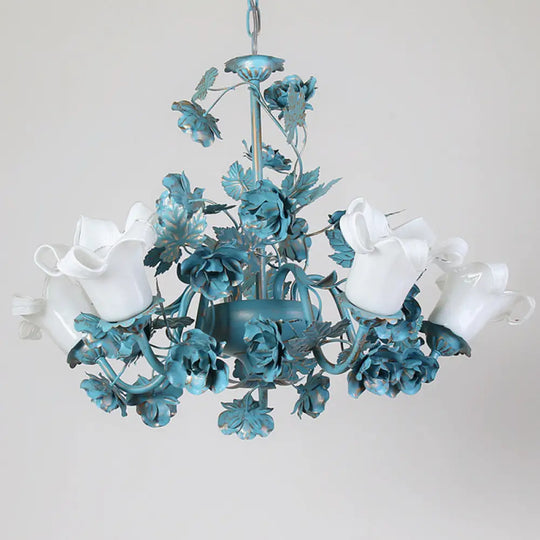 Korean Garden Flower Chandelier Ceiling Light With Milky Frosted Glass - 3/5/8-Bulb Blue Hanging