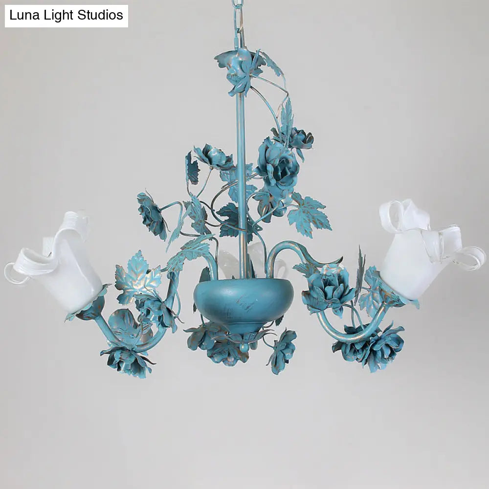 Korean Garden Flower Chandelier Ceiling Light With Milky Frosted Glass - 3/5/8-Bulb Blue Hanging