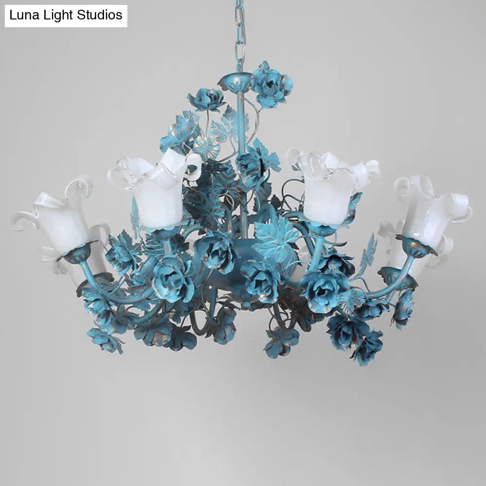 Korean Garden Flower Chandelier Ceiling Light With Milky Frosted Glass - 3/5/8-Bulb Blue Hanging