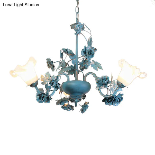 Korean Garden Flower Chandelier Ceiling Light With Milky Frosted Glass - 3/5/8-Bulb Blue Hanging