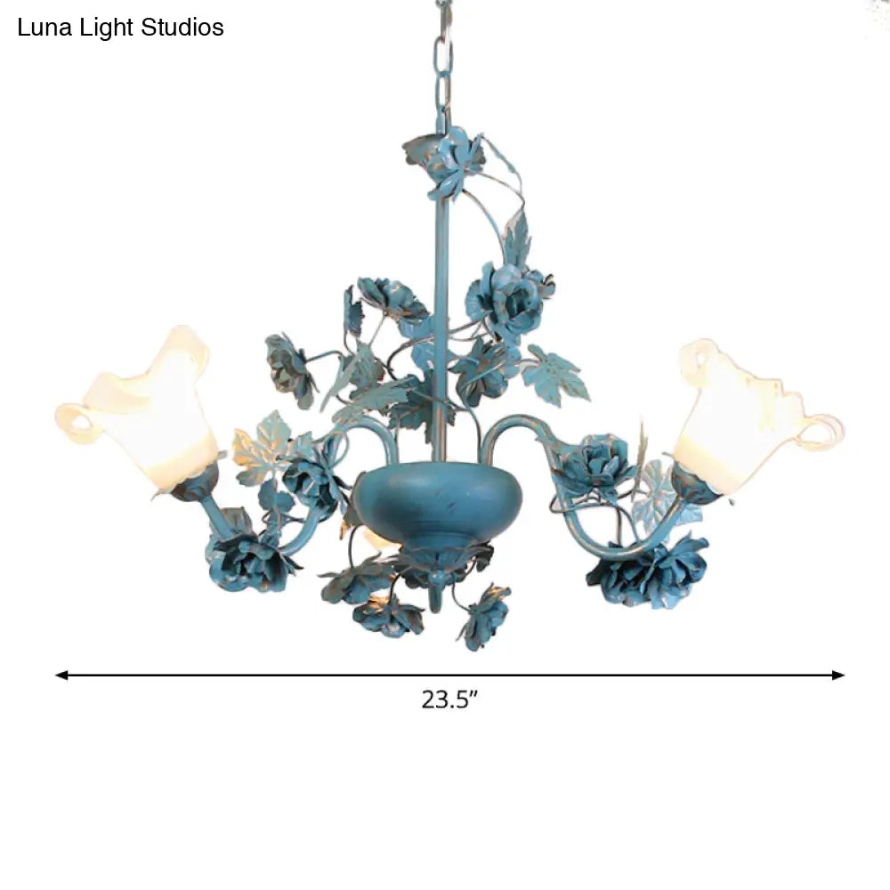 Korean Garden Flower Chandelier Ceiling Light With Milky Frosted Glass - 3/5/8-Bulb Blue Hanging