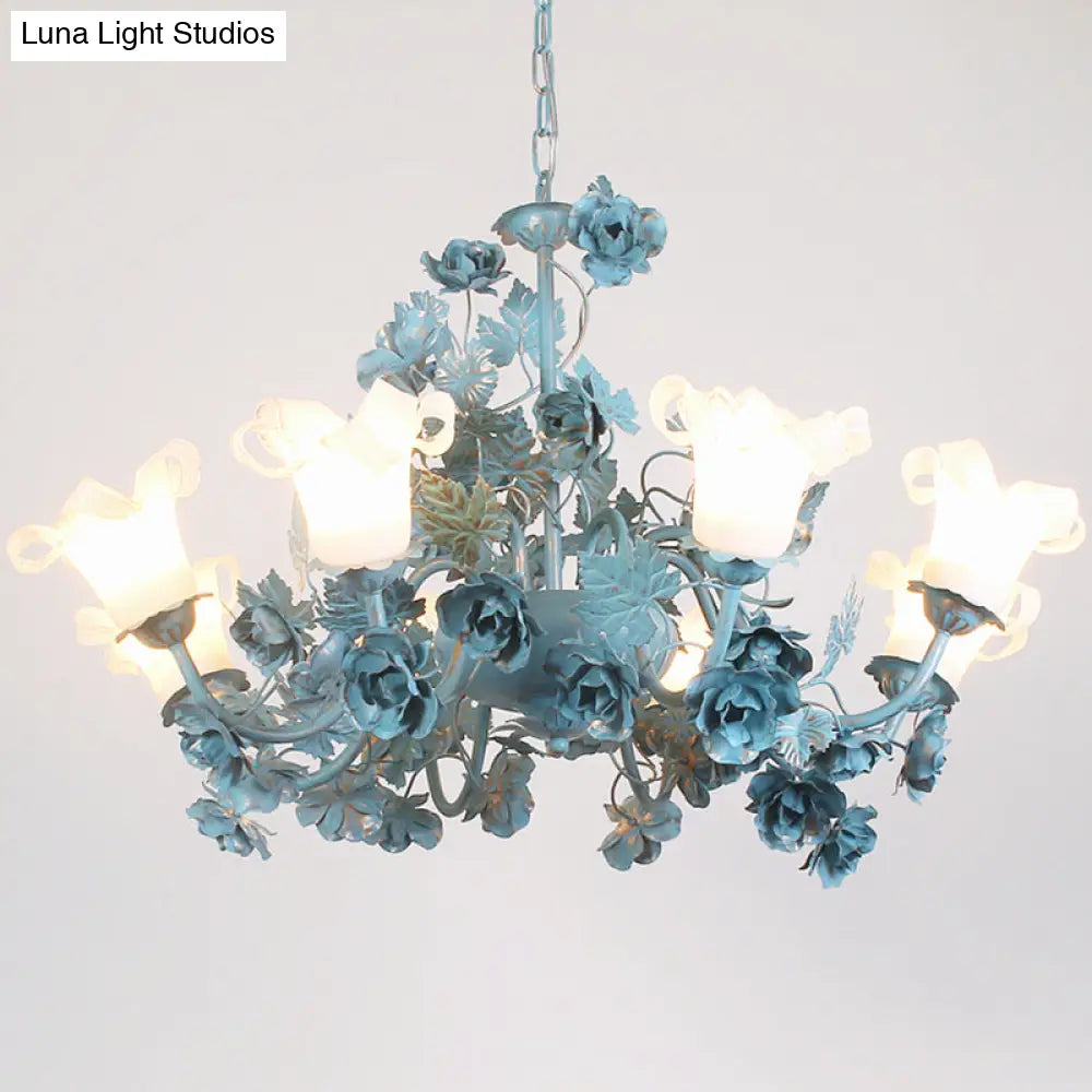 Korean Garden Flower Chandelier Ceiling Light With Milky Frosted Glass - 3/5/8-Bulb Blue Hanging