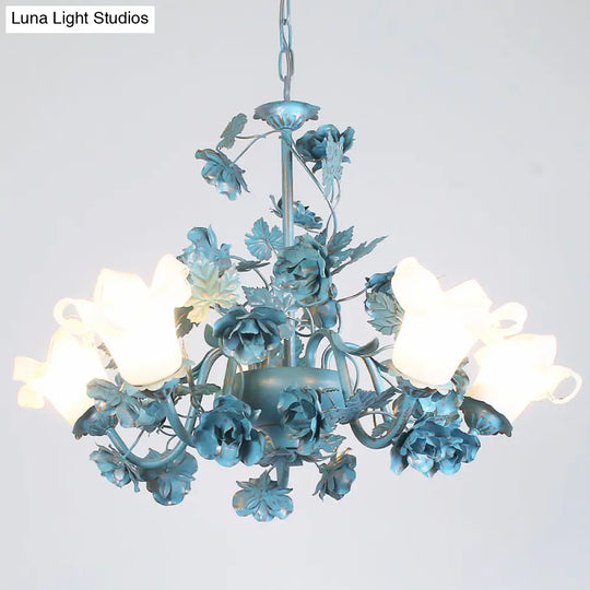 Korean Garden Flower Chandelier Ceiling Light With Milky Frosted Glass - 3/5/8-Bulb Blue Hanging