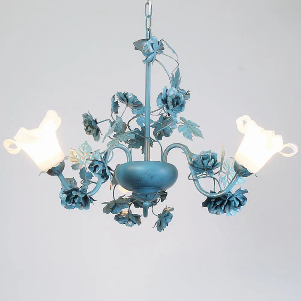 Korean Garden Flower Chandelier Ceiling Light With Milky Frosted Glass - 3/5/8-Bulb Blue Hanging