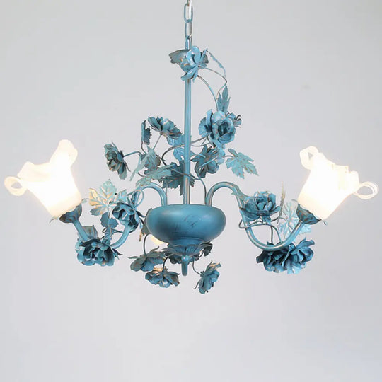 Korean Garden Flower Chandelier Ceiling Light With Milky Frosted Glass - 3/5/8-Bulb Blue Hanging