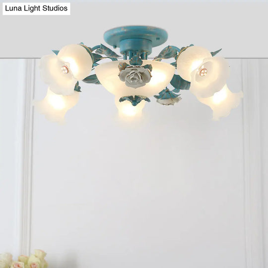 Korean Garden Flower Ceiling Light For Bedroom With Frost Glass Semi-Flush Mount