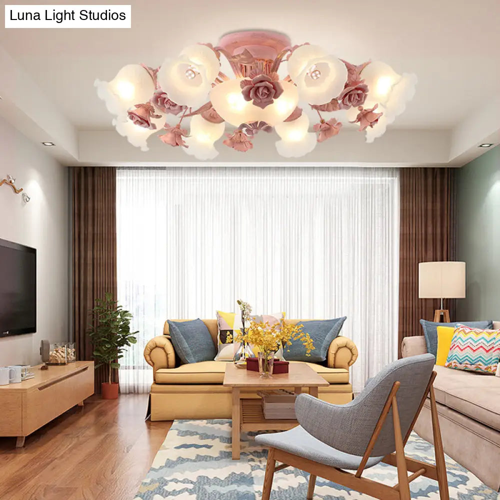Korean Garden Flower Ceiling Light For Bedroom With Frost Glass Semi-Flush Mount 11 / Pink