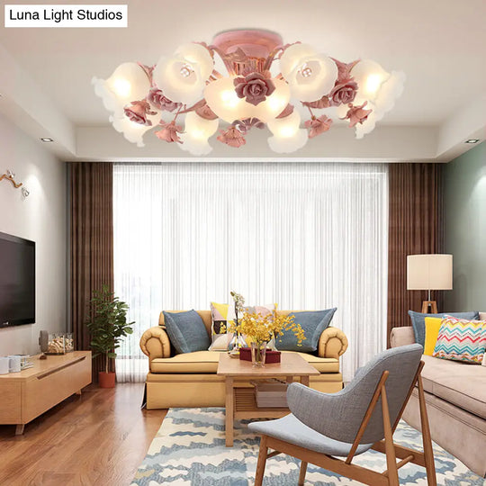 Korean Garden Flower Ceiling Light For Bedroom With Frost Glass Semi-Flush Mount 11 / Pink