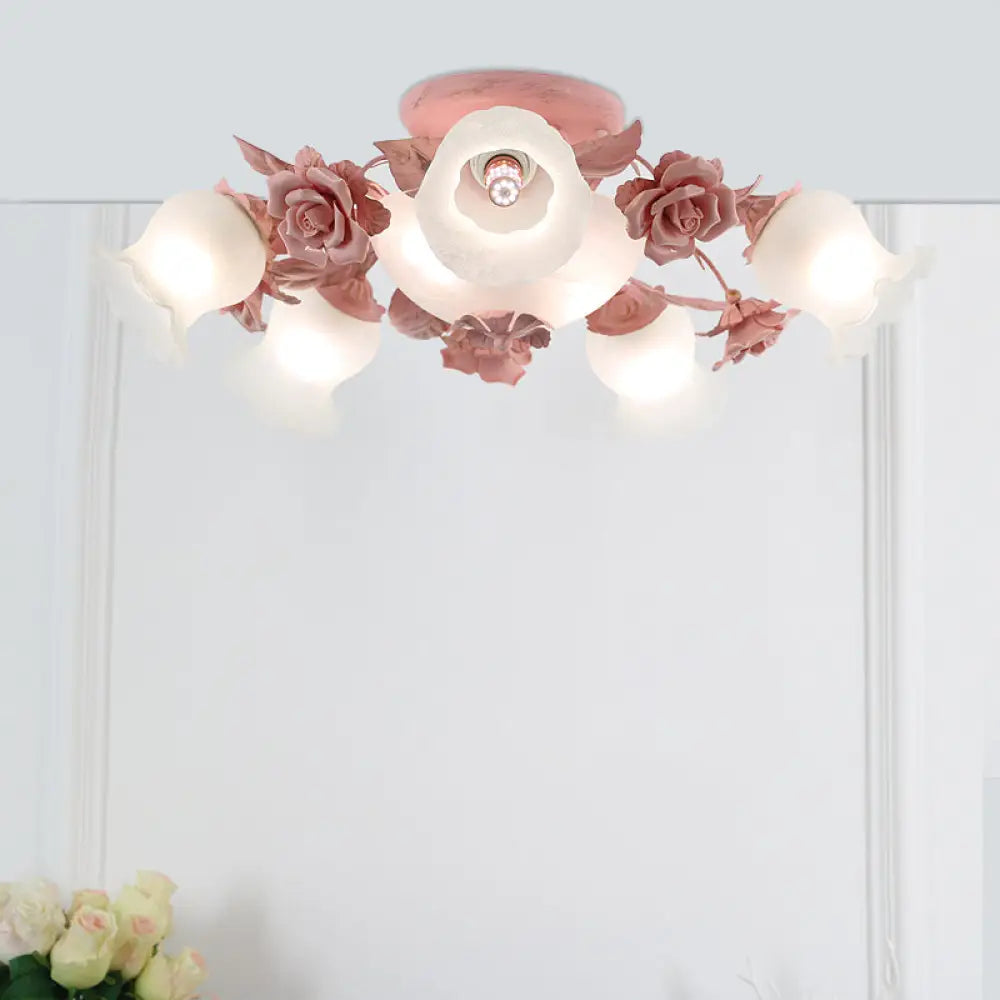 Korean Garden Flower Frost Glass Ceiling Mounted Light For Bedroom 7 / Pink