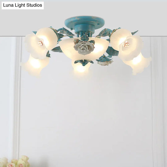 Korean Garden Flower Frost Glass Ceiling Mounted Light For Bedroom