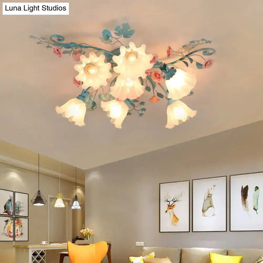 Korean Garden Flower Frosted Glass Semi Flush Mount Ceiling Light - 7/9 Lights White/Pink